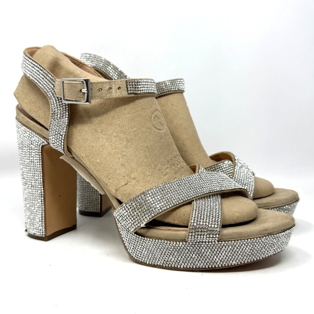 Maripe Leilani Women Rhinestone Platform Block Heel Silver Sz 11 Formal Wedding